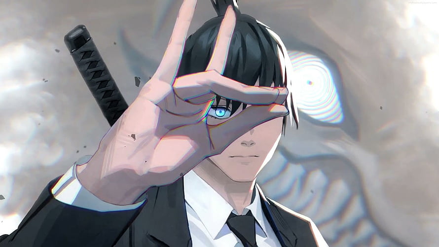 Chainsaw Man Anime Character in Suit with Katana and Hand Gesture HD wallpaper