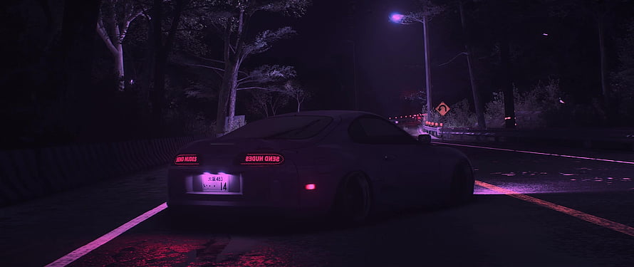 Toyota Supra Night Drive on a Dark Forest Road with Neon Red Taillights HD wallpaper