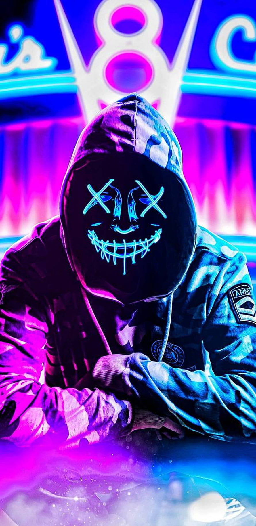 Marshmello Neon Mask Portrait in Camouflage Hoodie with Vibrant Purple and Blue Lighting HD phone wallpaper
