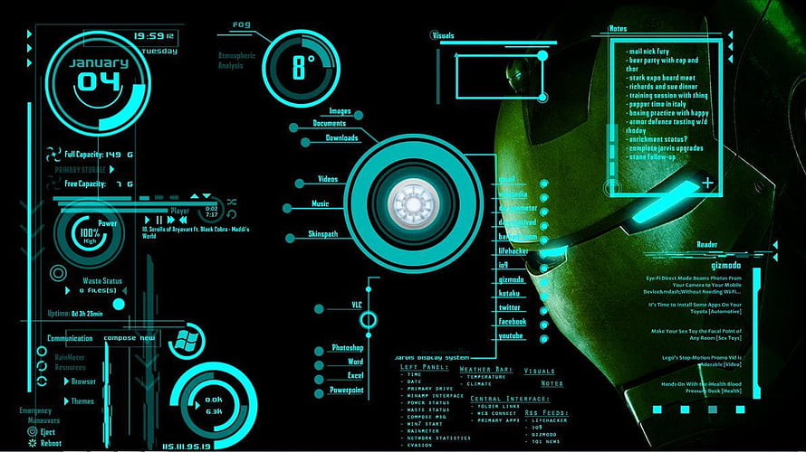 Iron Man JARVIS Futuristic Holographic Interface with Green Robot Head HD wallpaper