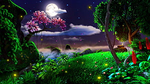 Enchanted Nighttime Forest with Full Moon, Cherry Blossoms, and Fireflies HD wallpaper