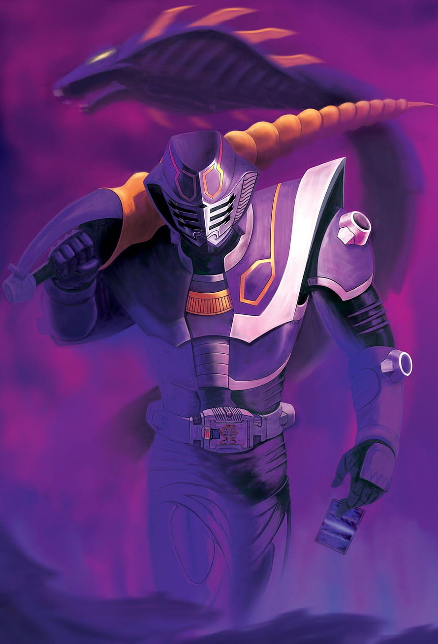 Kamen Rider Ouja in Purple Armor with Dragon Silhouette and Card HD phone wallpaper