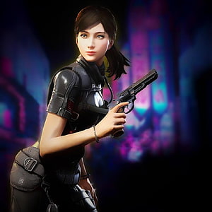 Naomi Mizushima from Call of Duty Mobile in tactical gear holding a pistol against a neon city backdrop HD phone wallpaper
