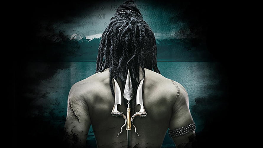 Lord Shiva Back View With Trident And Dreads Against Dark Teal Misty Landscape HD wallpaper
