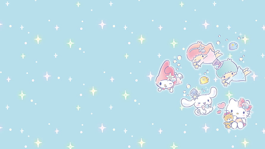 Sanrio Characters Swimming in Pastel Blue Water with Sparkles and Bubbles HD wallpaper
