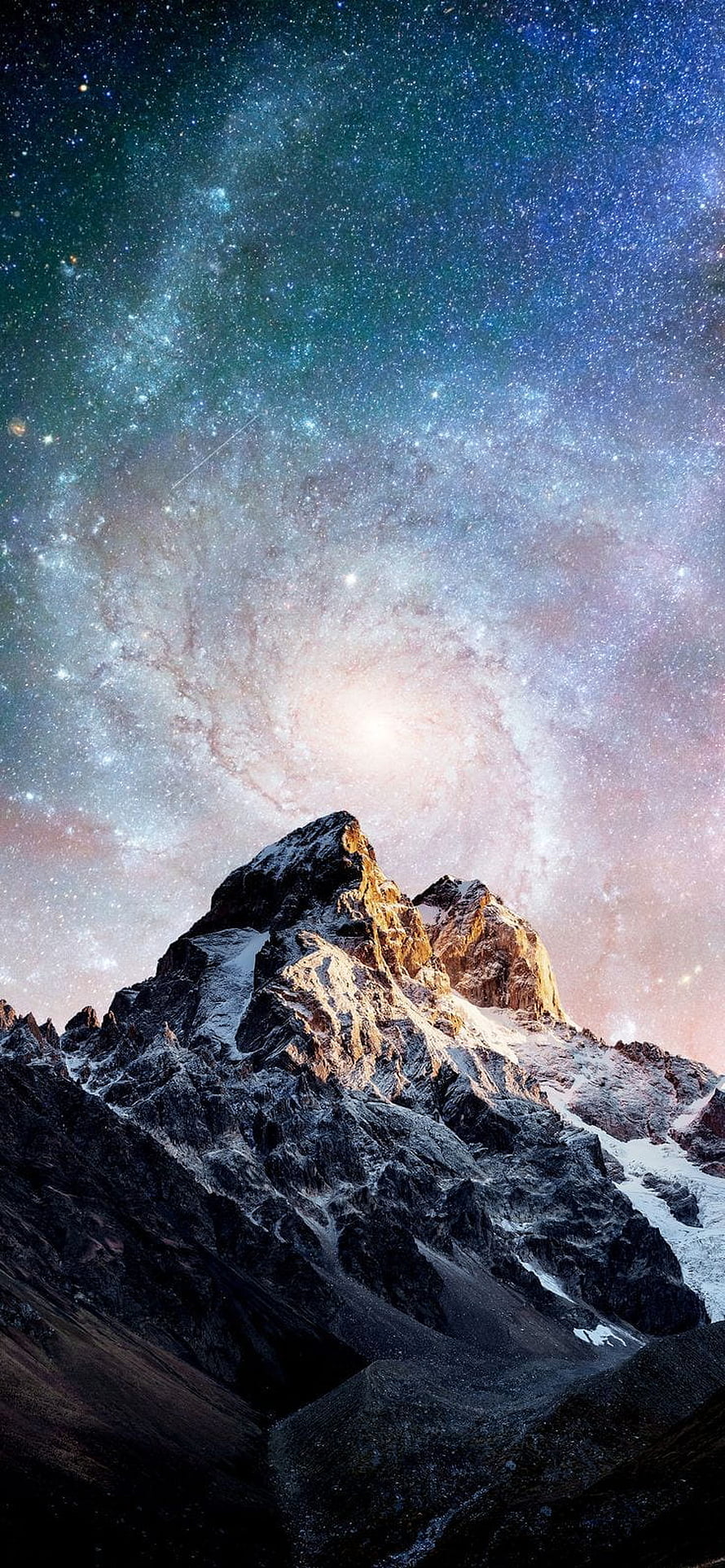 Majestic Snow-Capped Mountain Peak Under a Vivid Milky Way Night Sky HD phone wallpaper