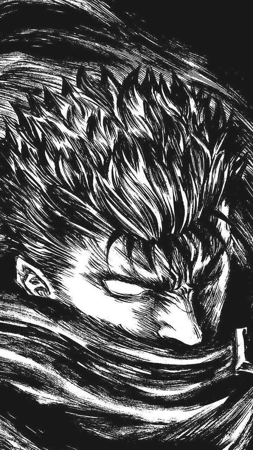 Berserk Manga Black and White Ink Illustration of Guts with Spiky Hair and Intense Expression HD phone wallpaper