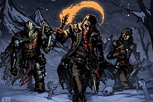 Darkest Dungeon Heroes Standing in Snowy Night with Torch and Moon HD wallpaper
