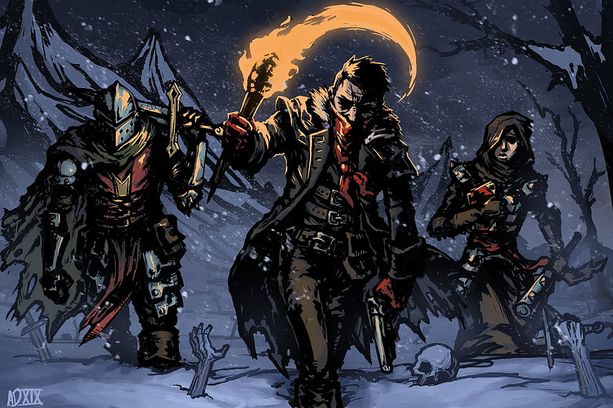 Darkest Dungeon Heroes Standing in Snowy Night with Torch and Moon HD wallpaper