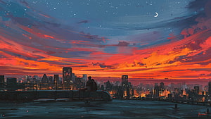 Cinematic Digital Painting of a Couple Silhouetted Against a Fiery Sunset City Skyline HD wallpaper