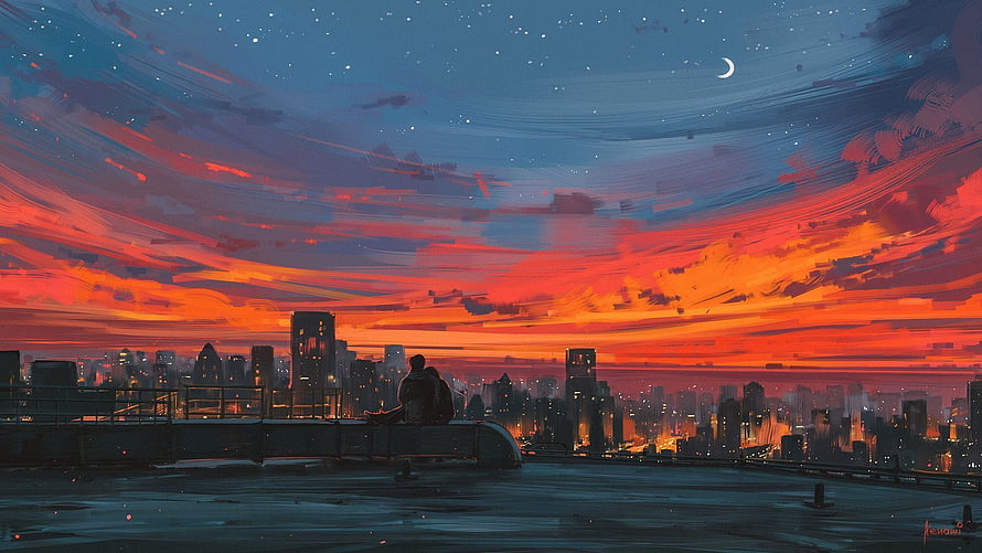 Cinematic Digital Painting of a Couple Silhouetted Against a Fiery Sunset City Skyline HD wallpaper