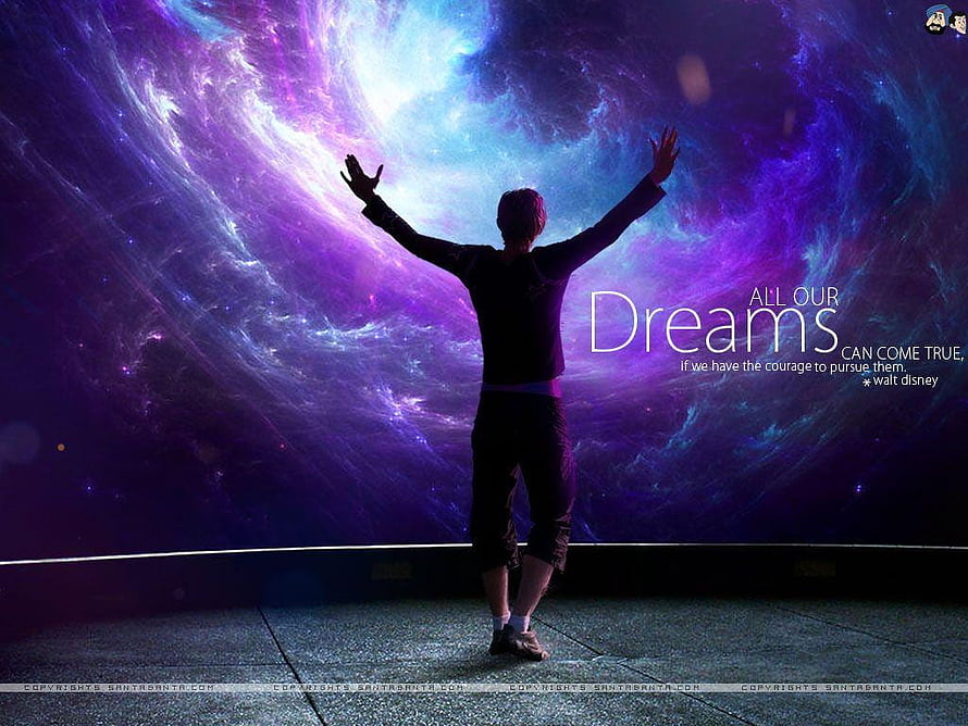 Silhouette of a person with arms raised against a vibrant purple and blue cosmic nebula background HD wallpaper