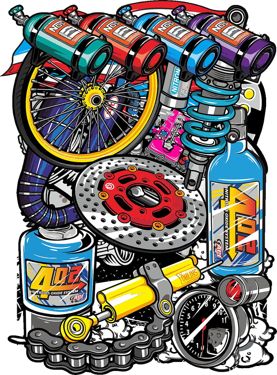 Vibrant Nitro Oxide System Illustration Featuring Motorcycle Parts, Fuel Cans, and Racing Components HD phone wallpaper