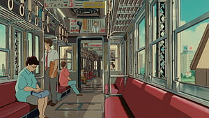 Whisper of the Heart Train Interior Scene with Commuters and Red Seating HD wallpaper