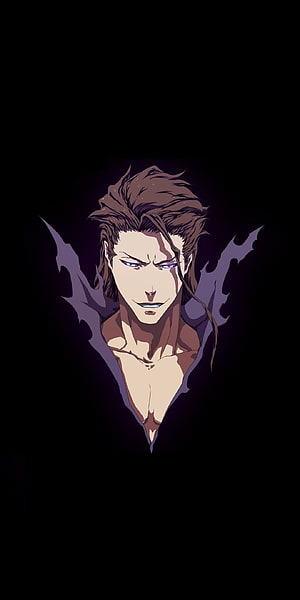 Sōsuke Aizen from Bleach in a dark minimal anime portrait with glowing eyes and purple energy aura HD phone wallpaper