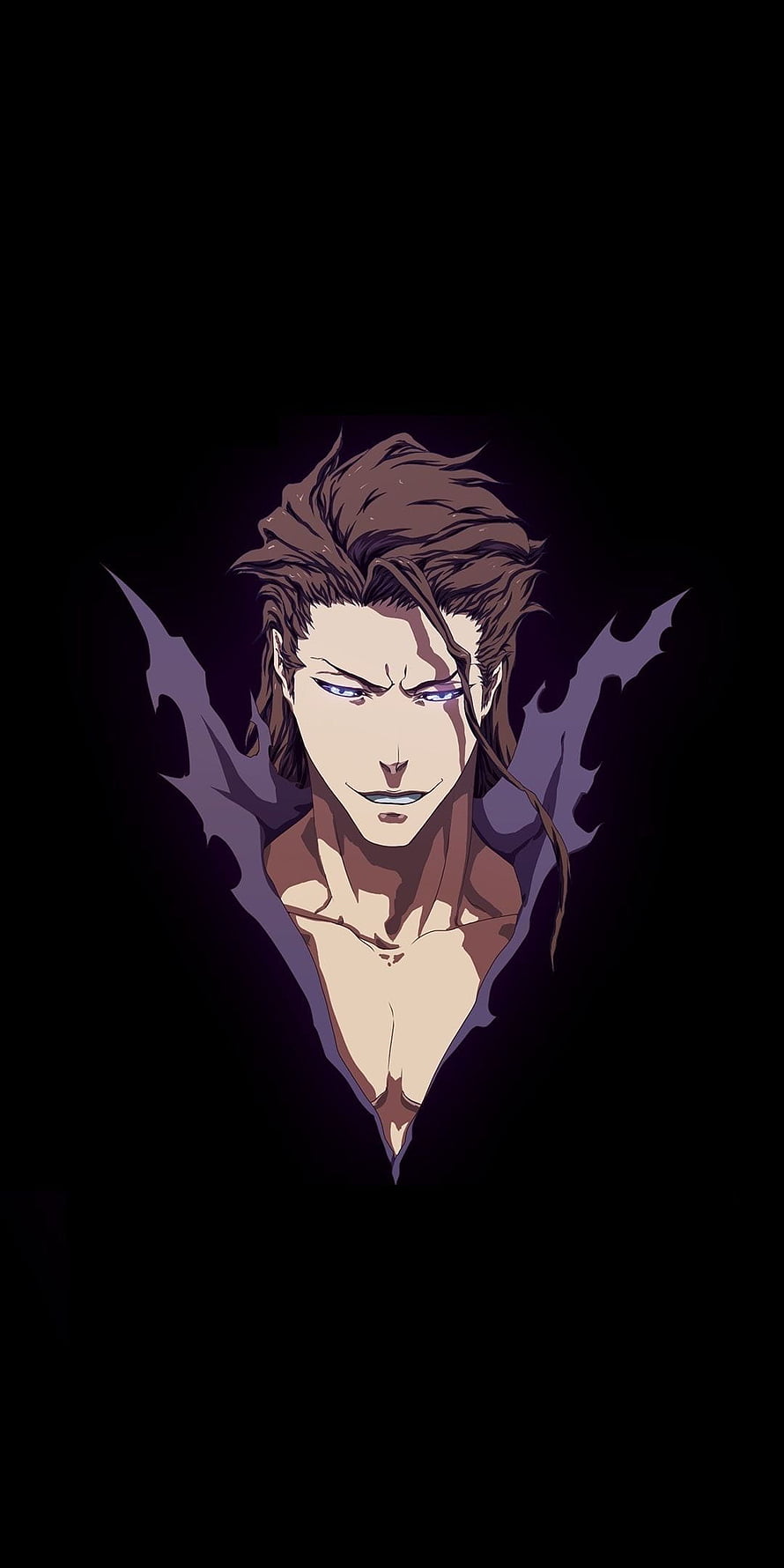 Sōsuke Aizen from Bleach in a dark minimal anime portrait with glowing eyes and purple energy aura HD phone wallpaper