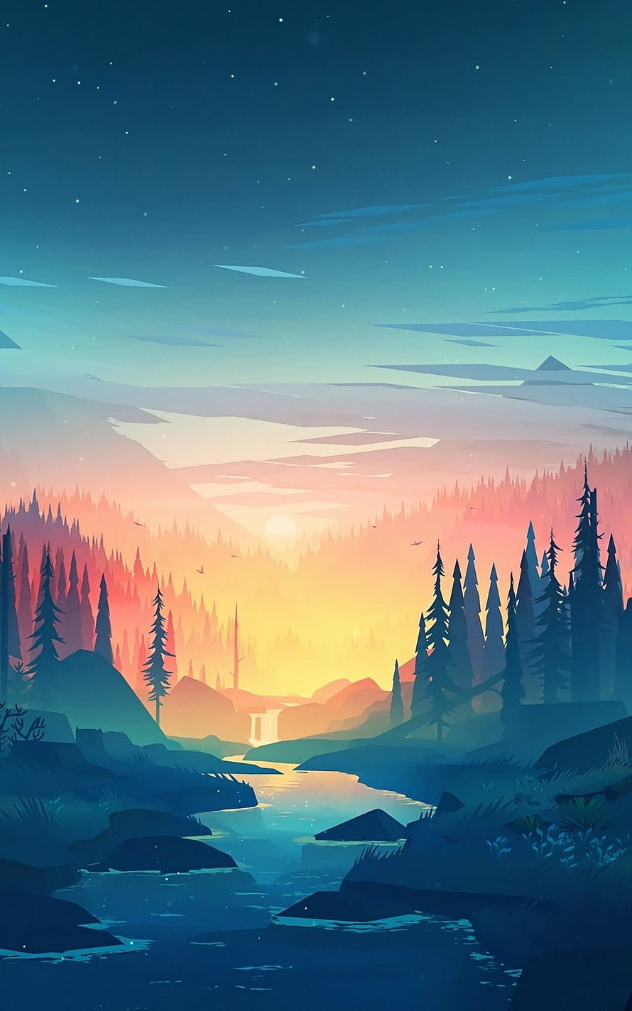 Minimalist Flat Vector Landscape with River, Pine Forest, and Sunset Sky HD phone wallpaper