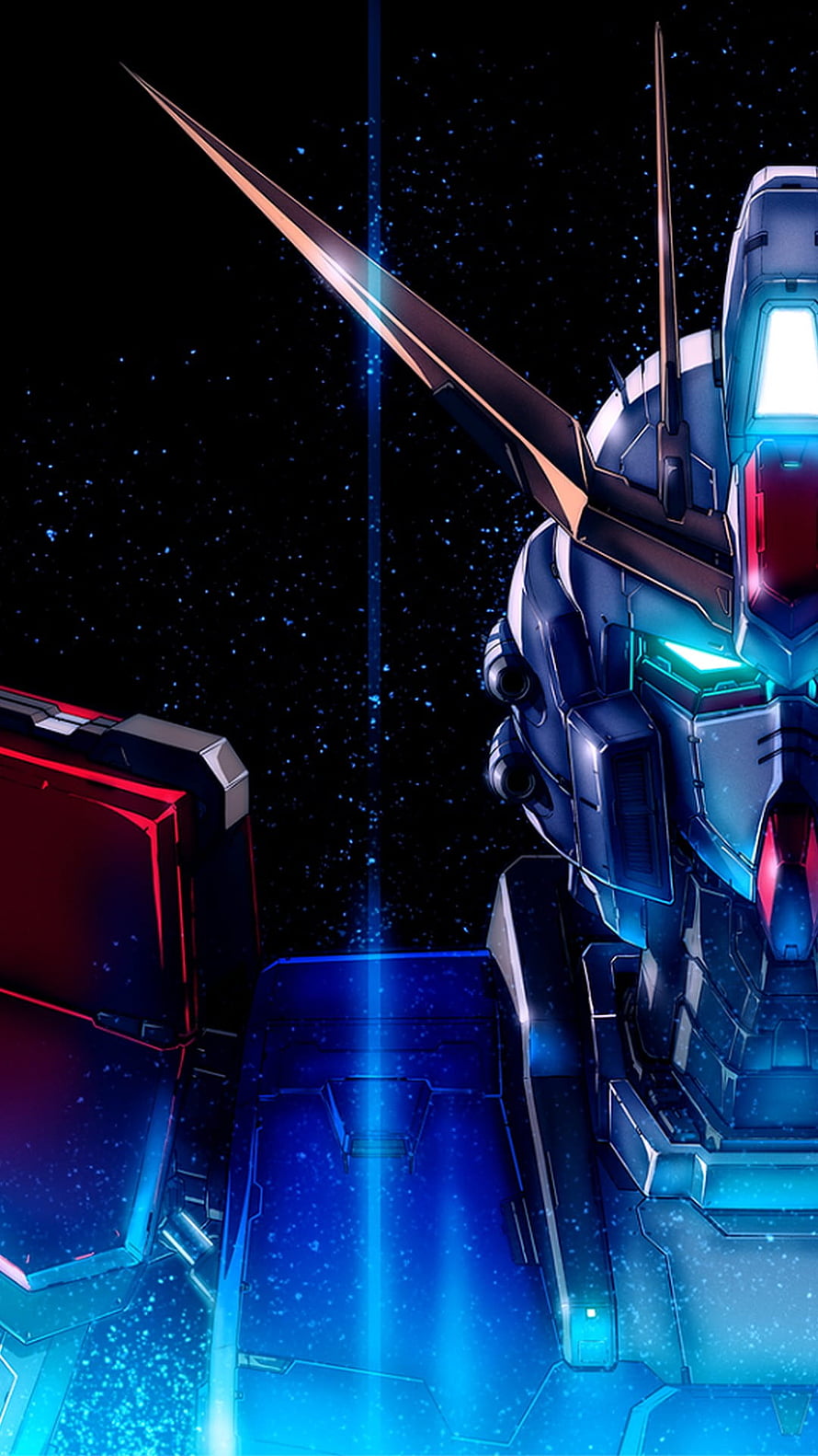 Gundam Mecha Close-Up in Deep Space with Glowing Blue and Red Accents HD phone wallpaper