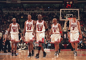 Chicago Bulls Starting Five Walking On Court During NBA Game HD wallpaper