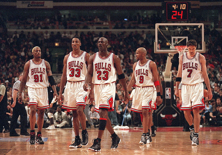 Chicago Bulls Starting Five Walking On Court During NBA Game HD wallpaper