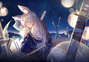 Niizuki from Azur Lane in a Serene Night Scene Surrounded by Swords HD wallpaper