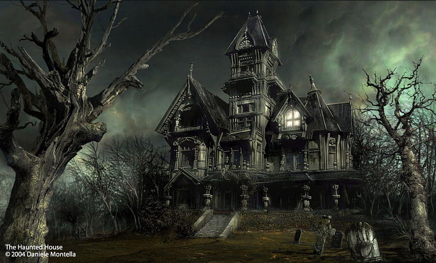 Gothic Victorian Haunted Mansion in a Dark Forest with Dead Trees and Gravestones HD wallpaper
