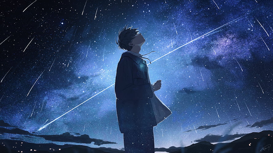 Anime Boy Gazing at Meteor Shower Under Starry Night Sky HD wallpaper