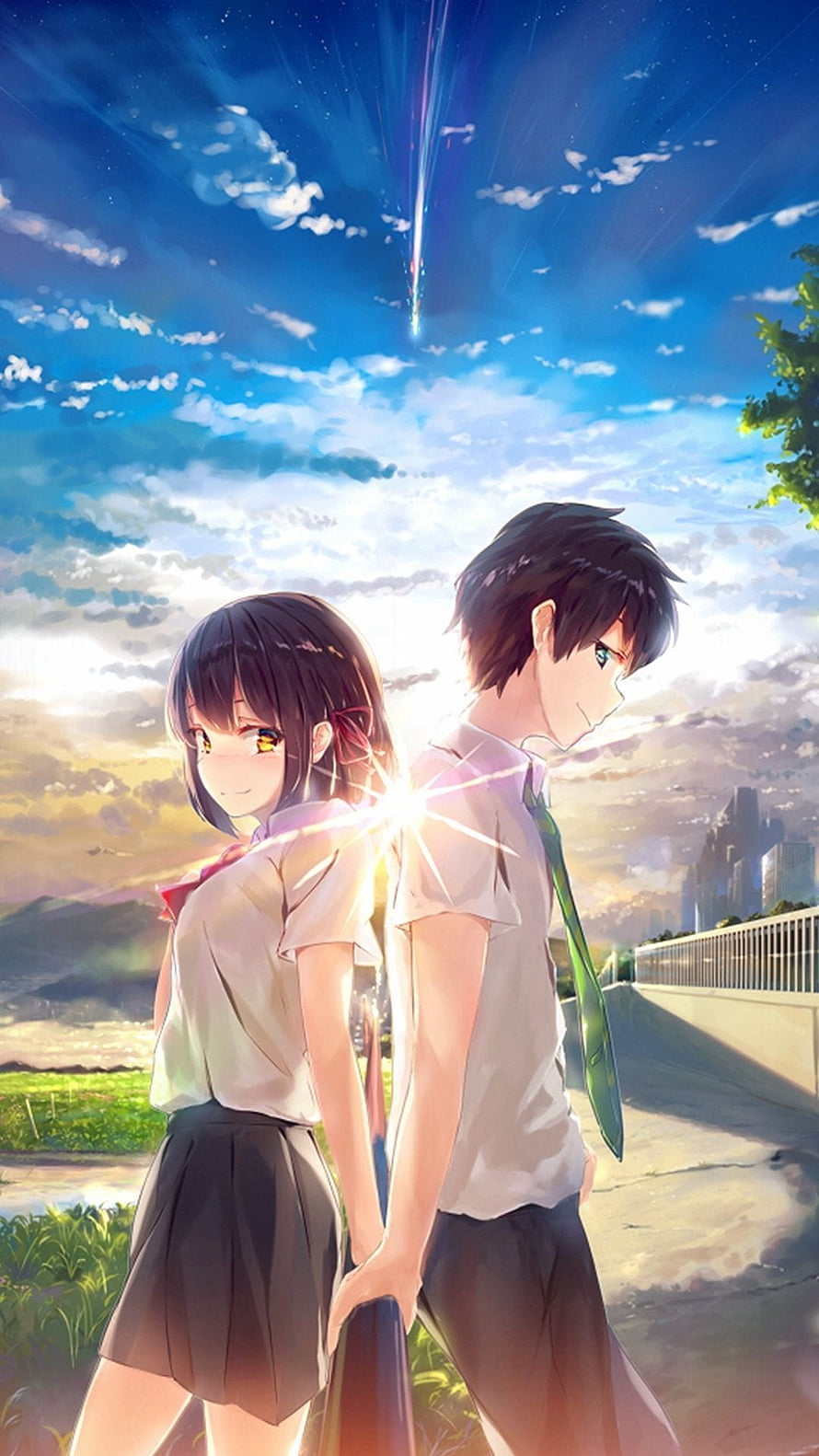 Anime Couple Standing Back to Back Under a Meteor Shower at Sunset HD phone wallpaper