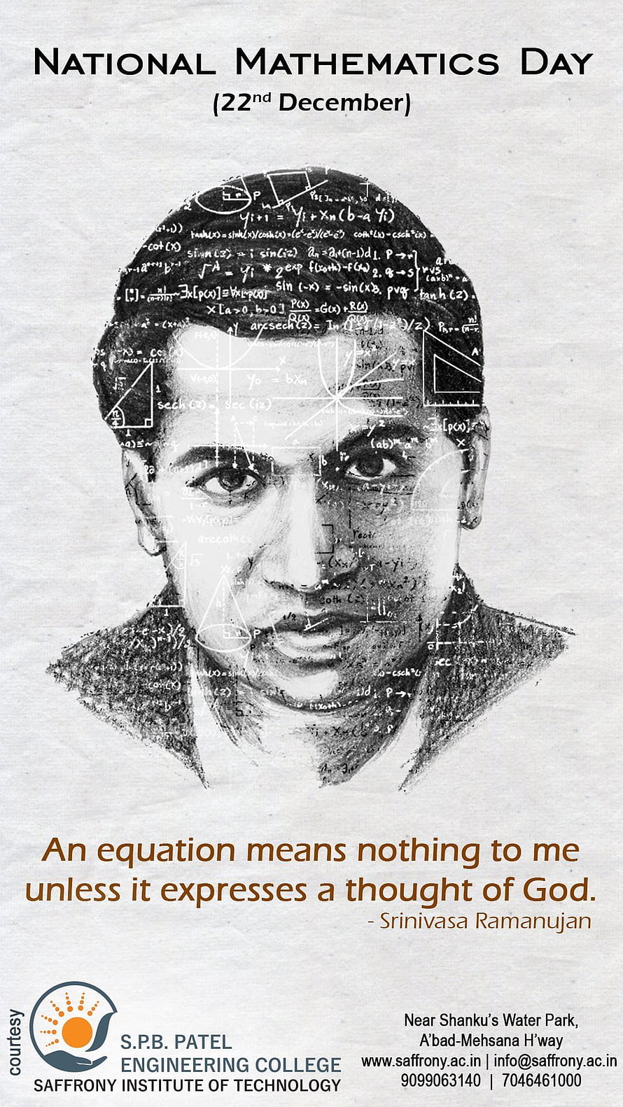 Srinivasa Ramanujan Portrait with Mathematical Equations and National Mathematics Day Quote HD phone wallpaper
