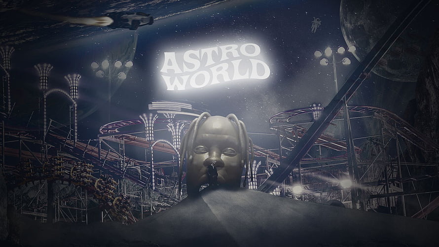 Travis Scott Astro World Festival Stage with Giant Head Sculpture and Roller Coaster HD wallpaper