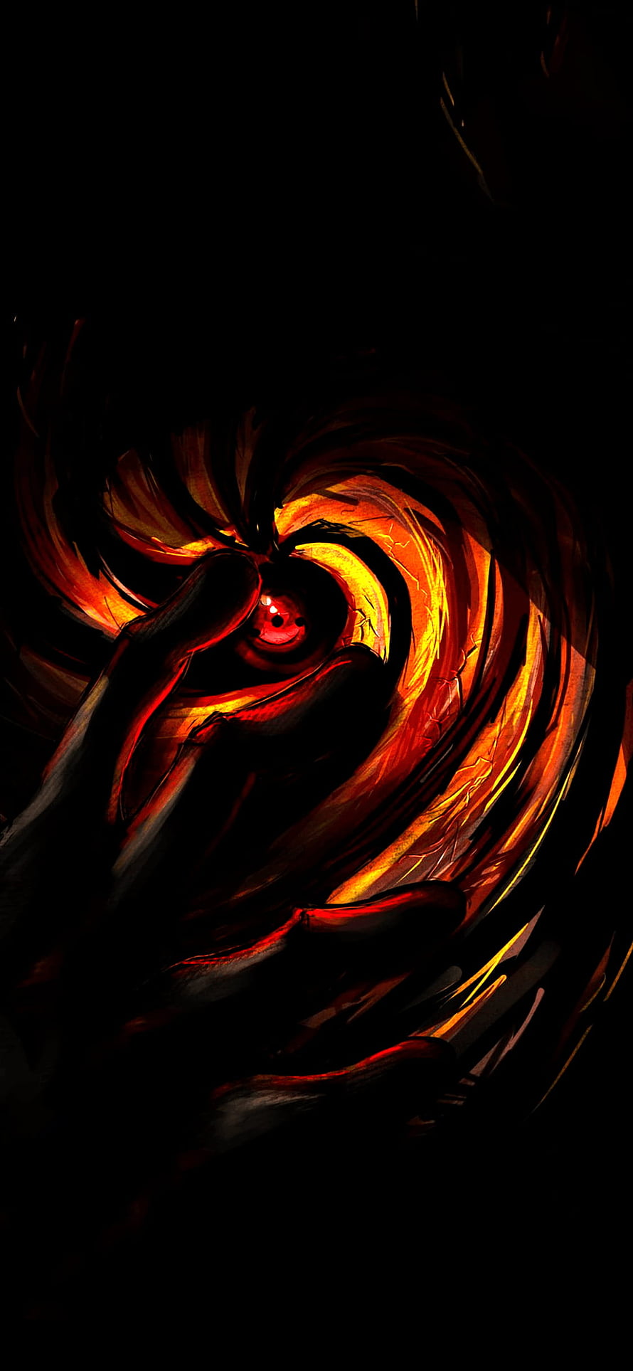 Naruto Uchiha Sharingan Eye with Fiery Orange Swirls in Dark Abstract Art HD phone wallpaper