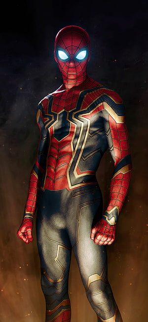 Spider-Man Iron Spider Armor with Glowing Eyes in Cinematic Dark Setting HD phone wallpaper