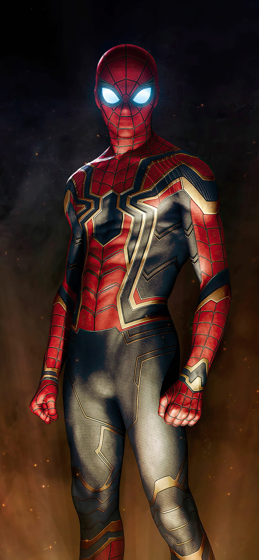 Spider-Man Iron Spider Armor with Glowing Eyes in Cinematic Dark Setting HD phone wallpaper