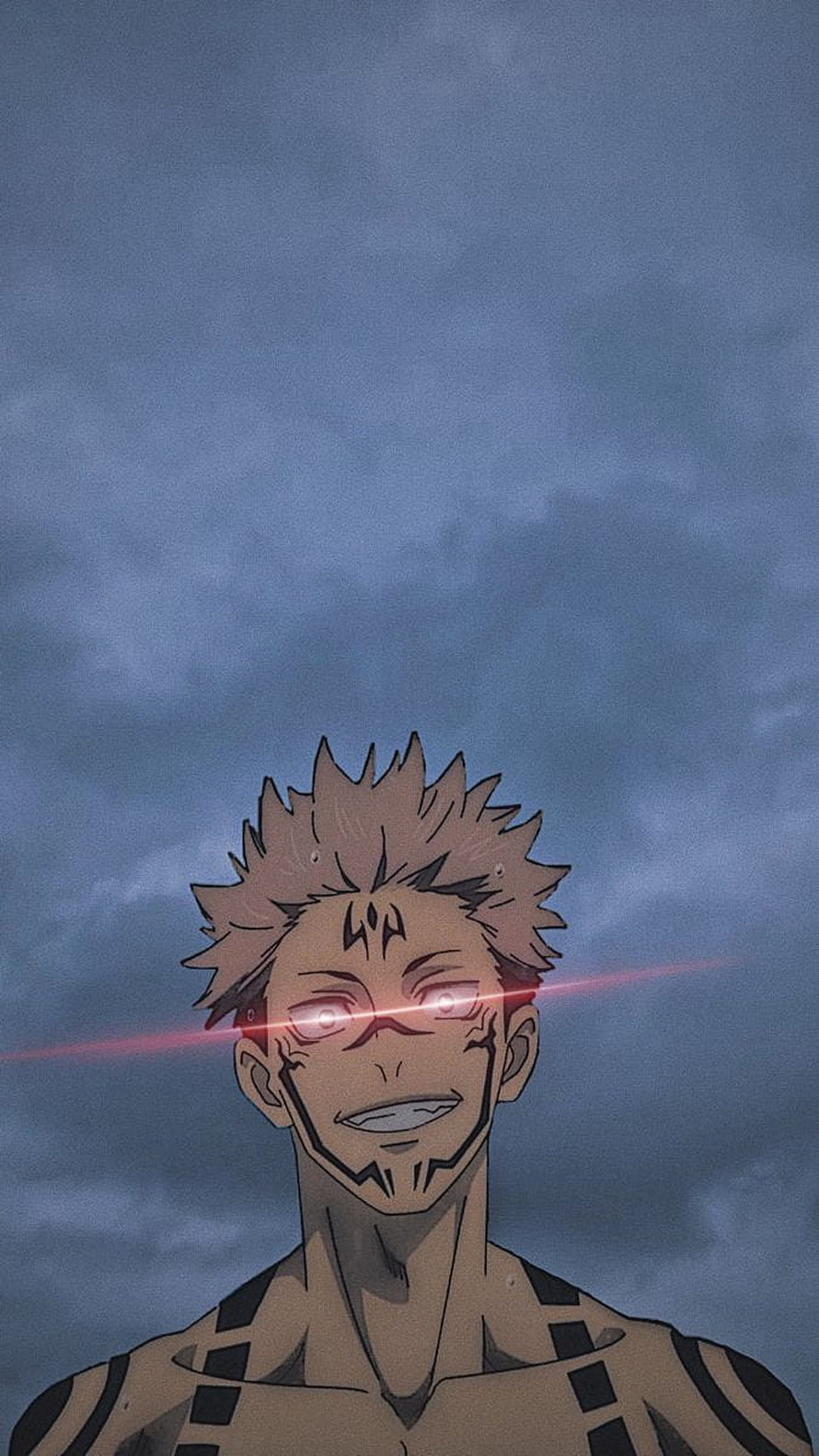 Sukuna from Jujutsu Kaisen with glowing red eyes and dark markings against a stormy sky HD phone wallpaper