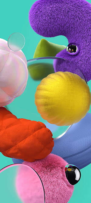Colorful 3D Render of Fuzzy and Textured Abstract Shapes on Teal Background HD phone wallpaper