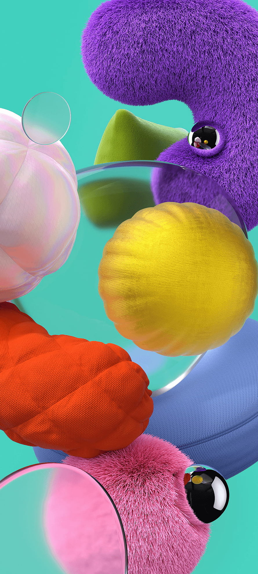 Colorful 3D Render of Fuzzy and Textured Abstract Shapes on Teal Background HD phone wallpaper