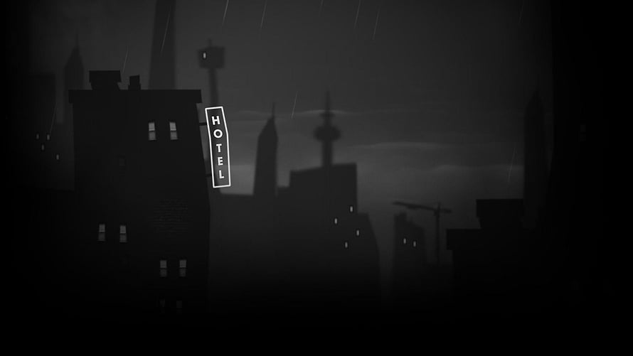 Moody Monochrome Cityscape with Glowing Hotel Sign in Rainy Night Atmosphere HD wallpaper