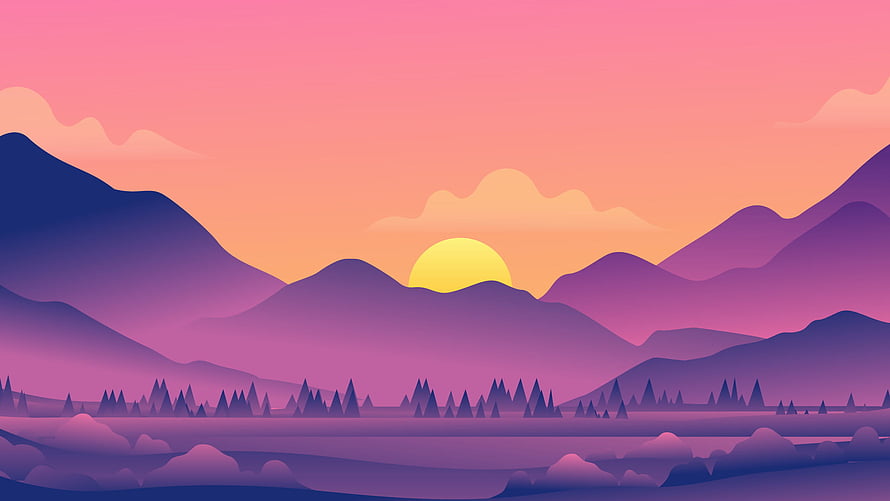 Purple Mountain Range at Sunset with Pine Forest and Soft Clouds HD wallpaper