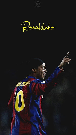 Ronaldinho in Barcelona Striped Kit Pointing Upward on Dark Background HD phone wallpaper