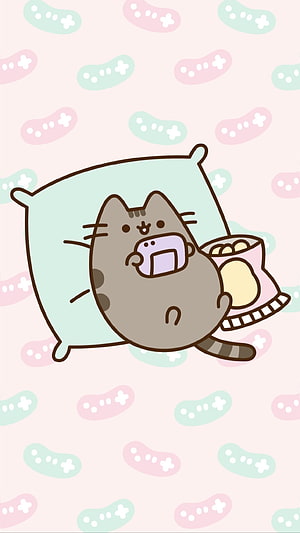 Pusheen Cat Reclining on Pillow with Popcorn in Kawaii Style HD phone wallpaper