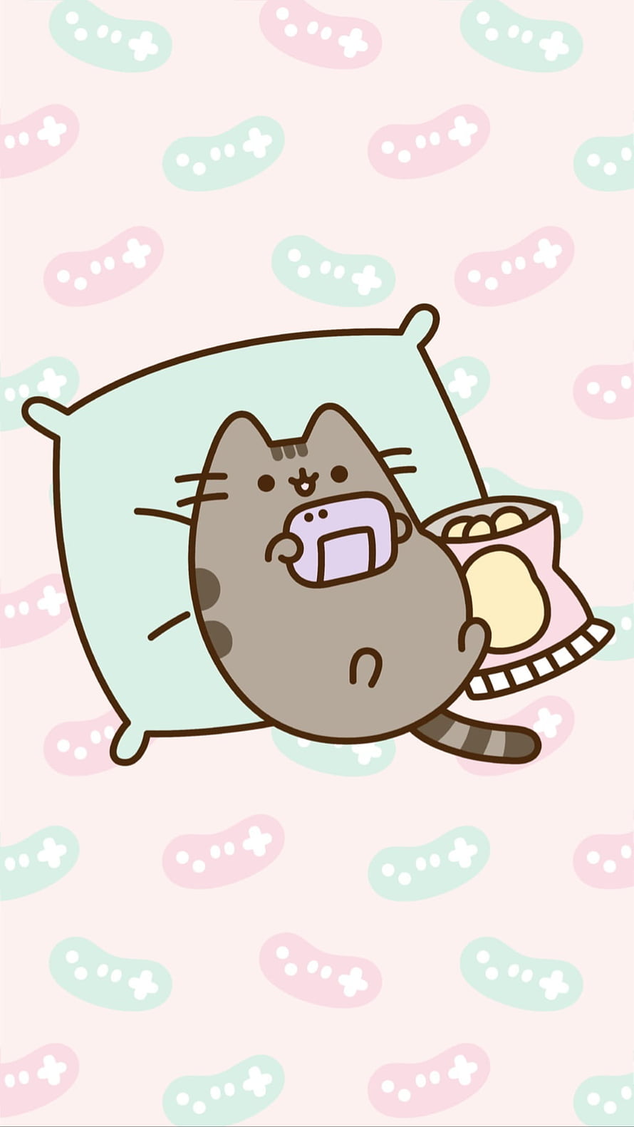 Pusheen Cat Reclining on Pillow with Popcorn in Kawaii Style HD phone wallpaper
