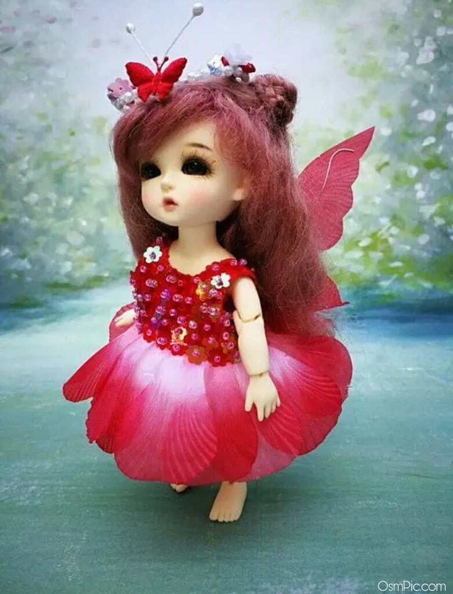 Cute Fairy Doll in Red Sequined Dress with Butterfly Wings and Hair Accessories HD phone wallpaper