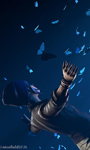 Life Is Strange Character Reaching for Glowing Blue Butterflies in Dark Scene HD phone wallpaper