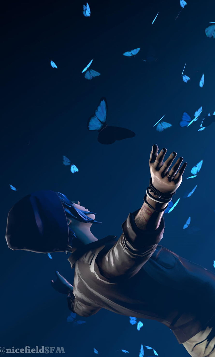 Life Is Strange Character Reaching for Glowing Blue Butterflies in Dark Scene HD phone wallpaper