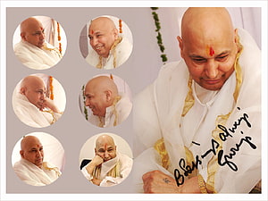 Guruji Portrait Collage in White Robes with Marigold Garland and Tilak HD wallpaper