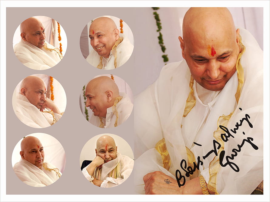 Guruji Portrait Collage in White Robes with Marigold Garland and Tilak HD wallpaper