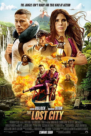 The Lost City Movie Poster Featuring Sandra Bullock and Channing Tatum in Jungle Adventure HD phone wallpaper