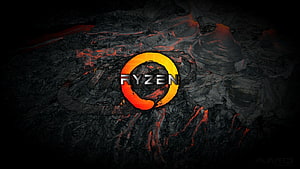 AMD Ryzen Processor Logo on Dark Volcanic Rock with Molten Lava Veins HD wallpaper