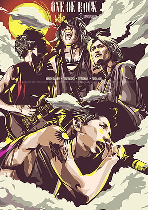 One Ok Rock Band Members Rocking Out in Dramatic Illustration HD phone wallpaper