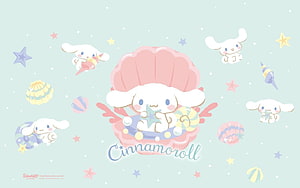 Cinnamoroll in a Pink Seashell with Stars and Ocean Shells on a Mint Background HD wallpaper